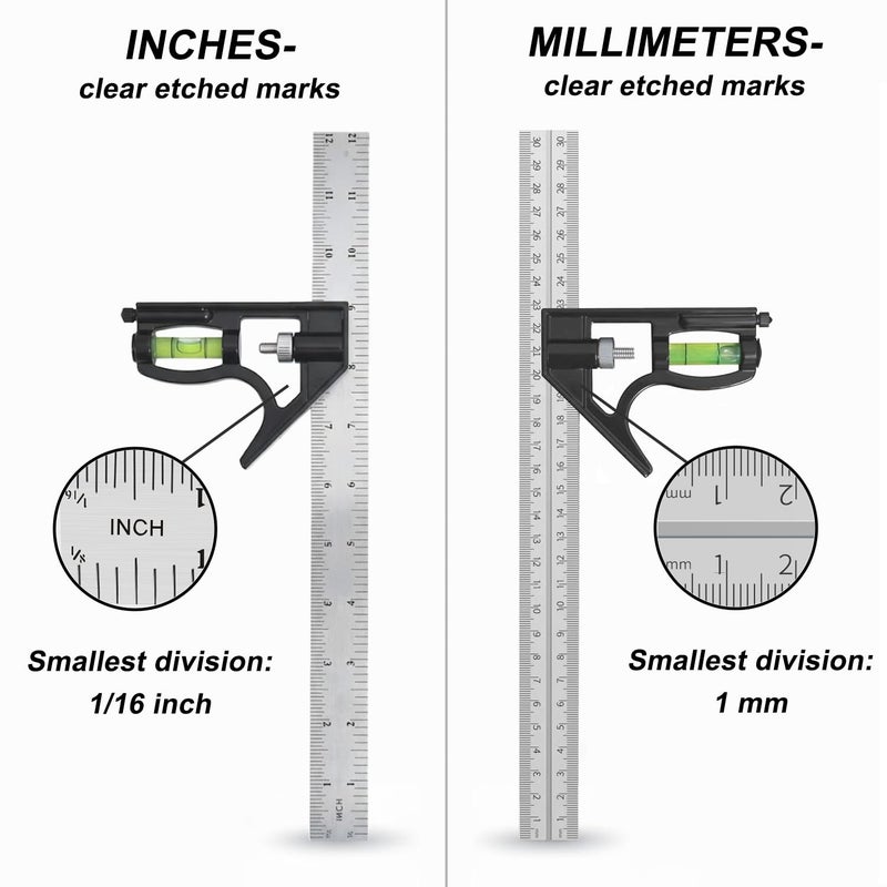 Ryqoru 12-Inch Combination Square, Metric & Imperial, Etched 1/16 in & 1 mm Graduations, 410 Stainless Steel Rule, Powder-Coated Aluminum Head, 90°/45° Marking, Built-in Level for Woodworking - Image 3